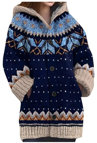 FUPODD Grobstrickjacke Damen Oversize Norweger Strickjacke Damen Mit Kapuze Taschen Strick Cardigan Elegant Grobstrick Pullover Strickjacken Winter Warm Damenstrickjacke Knöpfe Strickmantel Frauen
