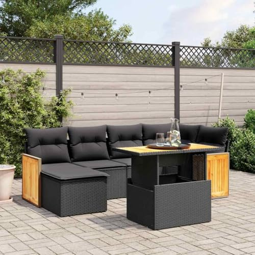 QJBSAVVA 7-TLG. Gartenlounge Schwarz Poly Rattan 100 x 55 x 44/73 cm höhenverstellbarer Tisch platzsparendes Lounge-Set für Balkon Terrasse oder kleinen Garten