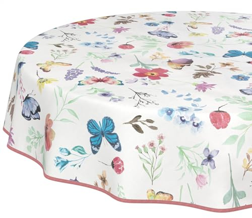 Wachstuchtischdecke Tischdecke abwaschbar Wachstischdecke pflegeleicht wasserabweisend Lotuseffekt Gartentischdecke Schmetterlinge Rund 100 cm mit Saum (Eingefasst)