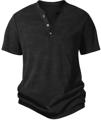 Voqeen Mens Henley T Shirt Summer Short Sleeve Cotton T-Shirts Grandad Collar Shirts Regular Fit Casual Tops with Buttons Tee for Men Black