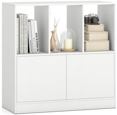 COSTWAY 3-stöckiges Bücherregal mit 2 Türen, Würfelregal mit offenen Fächern & Bücherschrank, Standregal Holzregal Bodenaufstellung im Wohnzimmer, Kinderzimmer (Weiß,70 x 30 x 70 cm)
