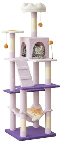 Quuzee Lila Kratzbaum, 163 cm Mehr-Ebenen-Turm für Wohnungskatzen mit Sisal-Kratzpfosten, gepolsterter Liegefläche, gemütlicher Hängematte und Spielzeug zum Jagen