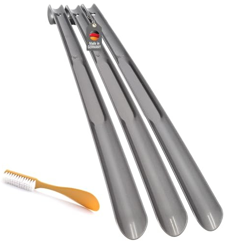 Lantelme 4er Set Schuhlöffel | 3x Extra Lang 65cm Made in Germany + 1x Schuhanzieher mit Bürste 20cm | Rückenschonende Schuhanziehhilfe Farbe Auswählbar (Silber)