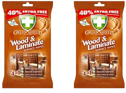 Green Shield Wood & Laminate Cleaning Wipes, 70 Large Sheets, Multi-Surface Furniture Cleaner for Tables, Cabinets & Floors, Removes Dust, Grease & Marks, Shine Enhancing, (Pack of 2)