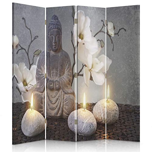 Feeby Paravent Buddha Zen-Kultur 145x180 cm 4 Teilig Modern Design einseitig Raumteiler Wandschirme Foto Trennwand Raumtrenner Sichtschutz Spanische Wand auf Leinwand Bedruckt Kerzen Blumen