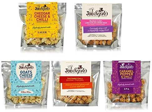 Joe & Seph's Oriental Popcorn Tasting Selection (5x30g) |Cheddar Cheese & Chilli, Goats Cheese & Black Pepper, Thai Sweet Chilli, Madras Curry and Caramel, Pepper & Chilli, gourmet salted popcorn