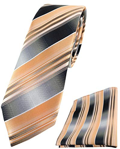 TigerTie - schmale Designer Krawatte Designer Einstecktuch in lachs orange silber anthrazit grau gestreift - Krawattenbreite 6 cm