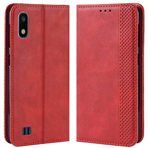 HualuBro Coque pour Samsung Galaxy A10, Etui Housse à Rabat en Retro PU Cuir Flip Leather Case Cover Antichoc Portefeuille Protection Coque pour Samsung Galaxy A10 2019 (Rouge)
