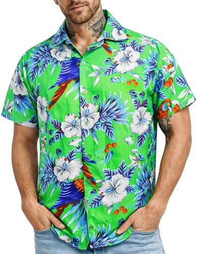King Kameha Hawaii Hemd Männer - Tropisches Hawaiihemd Herren Kurzarm, Cherryparrot, Grün, XS