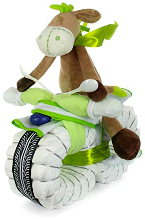 Windeltorte Motorrad grün ROCKSTAR mit Fahrer ESEL | 45-teilig - Geschenk zur Geburt neutral | 45 cm