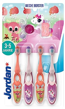 Jordan ® | Step 2 Zahnbürste Kinder | Kinder zahnbürste für 3-5 Jahre | Weiche Borsten, doppelter ergonomischer Griff & BPA-frei | Rosa und Gelbe Farbe | Pack 4 Einheiten