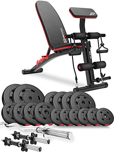 Hop-Sport Hantelbank HS-1035 - inkl. 66 KG Hantelset: SZ Curlstange & Kurzhantelstange, Gewichte/Hantelscheiben