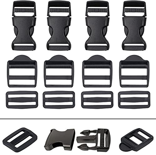 Steckschnalle, Stegschnalle und Leiterschnalle Set, 12 Pack, für 20 mm breite Gurtbänder, je 4 x 20 mm Schnalle, in Schwarz, Gürtelschnalle mit doppelseitigem Klickverschluss, Klemmschnalle Gurt Band