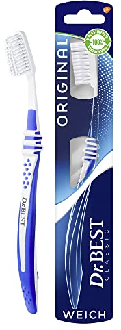 Dr.BEST Original Zahnbürste, Weich (1 Stück), für die tägliche Reinigung mit bewährtem Dr.BEST Flachschnitt. Flexzone und abgerundete Borsten für eine gründliche und schonende Pflege.