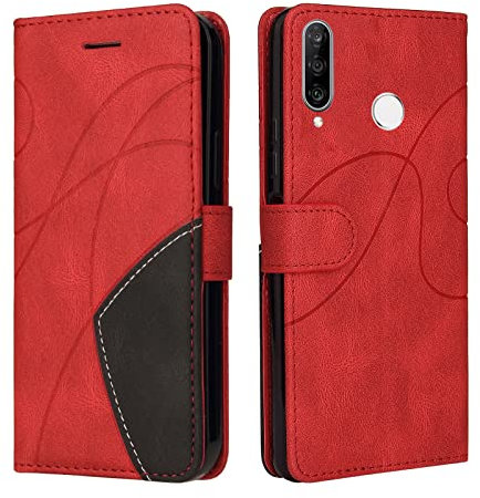 Funda Cartera para Huawei P30 Lite Carcasa, FuncióN Kickstand Cubre con Huawei P30 Lite, Funda con Tapa Huawei P30 Lite, Funda Movil Carcasa PU Cuero con Ranura, Rojo