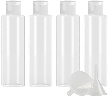 ZEOABSY 4 Pièces 150 ML Transparent Bouteille en Plastique avec Bouchon à Charnière Blanc, Épaule Plate Vider Bouteille Ronde en PET de Voyage pour Cosmétiques Liquides