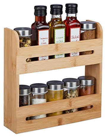 Relaxdays Gewürzregal Bambus, Gewürzständer 2 Etagen, HBT: 25 x 25 x 7 cm, für Arbeitsplatte, Küchenregal stehend, Natur, 90%