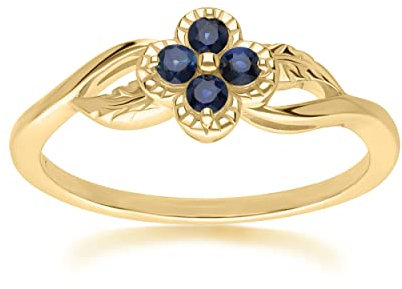 Ring 9 Karat (375) Gelbgold Saphir rund Blumenmuster, Edelstein, Saphir
