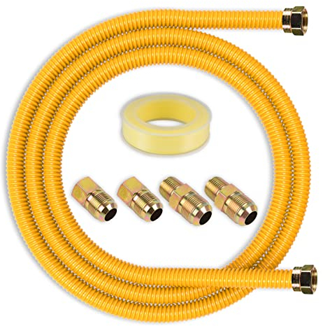 Kinchoix Gasschlauch-Anschluss-Set (3/4-24 Zoll), flexible Edelstahl-Gasleitung für Herd, Trockner, Rohrdurchmesser 2.5 cm. OD (3/4 Zoll. ID), Y Gelbe Rind(1.9 cm,61 cm)