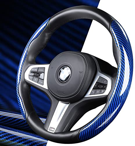 Lenkradbezug Auto Carbon Lenkradhülle 2 teilig Lenkradschutz Anti Rutsch Universal Lenkrad Cover 36-38cm Blau