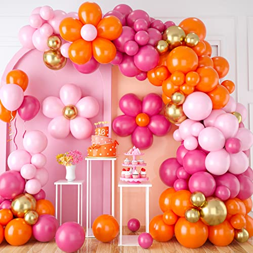 Pink Orange Balloon Garland, Daisy Balloon Arch with Metallic Gold Party Flower Balloons For Birthday Wedding Groovy Theme Decorations