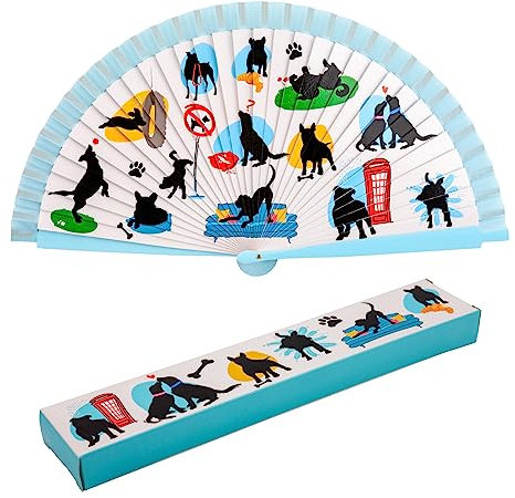 Faltfächer aus bedrucktem Baumwollstoff auf Holz, Kollektion (Hunde)