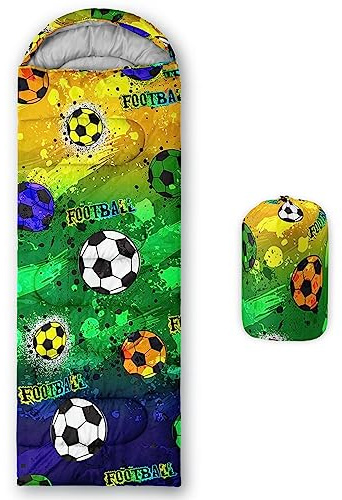 HOSIMA Kinderschlafsäcke für Jungen, buntes Fußball-Thema, Bedruckt, leicht, warm, tragbar, für draußen und drinnen, wasserdicht, kältebeständig, Schlafsack für Camping, Wandern
