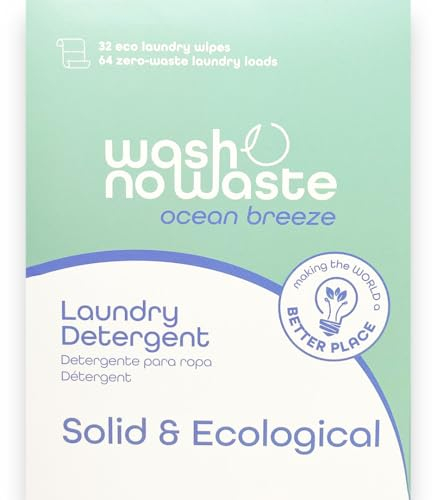 Wash No Waste - Strisce di detersivo per il bucato (64 lavaggi). Ipoallergenico e biodegradabile. Effetto ammorbidente. Vegano e senza crudeltà verso gli animali. Senza plastica. (Ocean Breeze)