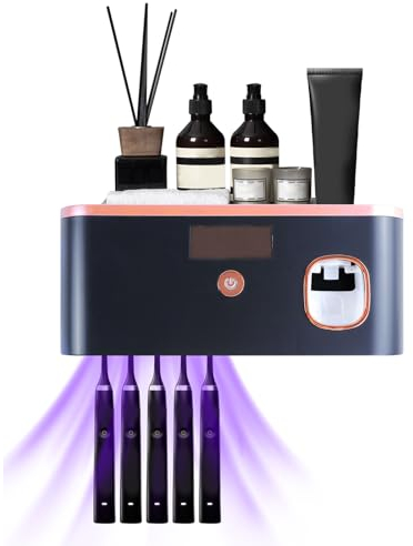 mumisuto Zahnbürstenhalter Ohne Bohren für 5 Zahnbürsten, Zahnpastaspender mit UV-Desinfektions, USB Aufladbar 60 Tage mit Einer Ladung, Organizer Badezimmer für Kinder und Erwachsene (Schwarz)