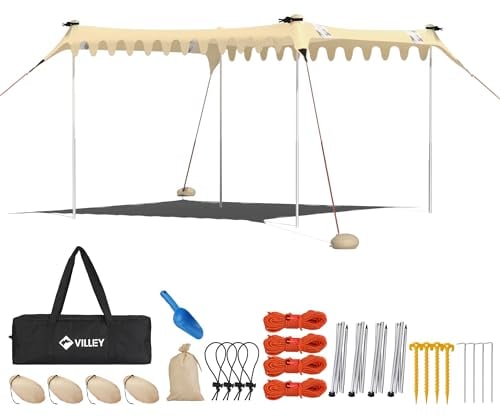 VILLEY Sonnenzelt 3m x 3,3m Khaki, UPF50+ UV Schutz Lycra Strandzelt für 6 Personen, Sonnenschirm Strand mit Sandsack und 2 Stützstäbe für Picknick, Angeln, Sonnenschutz
