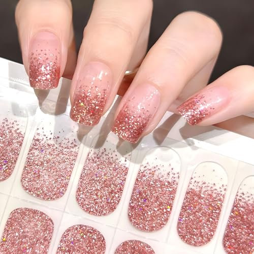 22PCS Strisce per Smalto Gel Adesivo Unghie UV, Smalto Adesivo Unghie Lampada UV LED, Gel Nail Stickers Uv, Smalto Adesivo Semi Indurito con Lima Stick (Oro Rosa-Glitter)