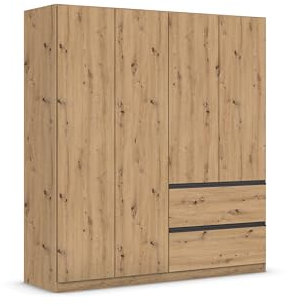 Rauch Möbel Costa, Drehtürenschrank, Kleiderschrank, 4-türig, 2 Schubkästen, Eiche Artisan, Holz, Push-to-open, Griffprofil grau-metallic, 181x197x54 cm