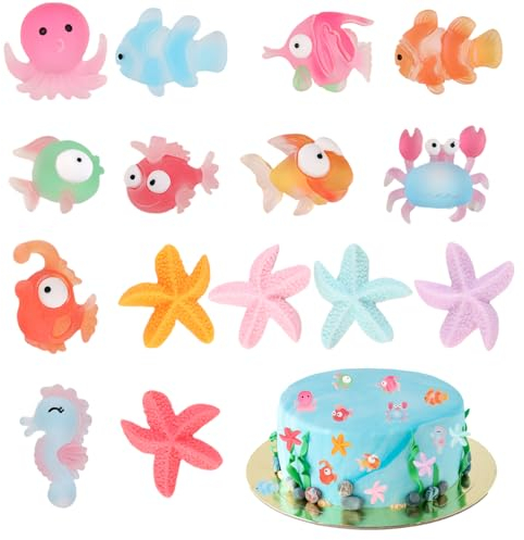 15 Stücke Meerestiere Miniatur Deko Torte Dekoration, Harz DIY Zubehör für Strandthemen, Tropischen Fischen, Krabben, Clownfischen, Seesternen, Perfekt für Strandthemen-Geburtstagspartys