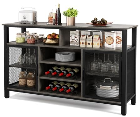 GIANTEX Credenza da Buffet, Mobilellto da Cucina con Portabottiglie e Portabicchieri, Porta TV per TV fino a 60 con 2 Armadietti con Anta, 3 Ripiani e 2 Scomparti Aperti, Nero/Grigio(Grigio)