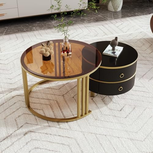 Merax 2-in-1 runder MDF-Couchtisch Couchtisch 2er Set Rund Beistelltisch mit 1 Hochglanz-Tischplatte und 1 brauner Tischplatte aus gehärtetem Glas Wohnzimmer-Couchtischkombination mit 2 Schubladen
