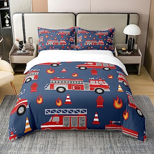 Loussiesd Cartoon Auto Teppiche Feuerwehrauto 100% Baumwolle Bettwäsche Set Feuerwehrmann Bettbezug Set Feuerwehrauto Fahrzeug Feuerwehrauto Feuerwehrauto Blau Rot Betten Set 155x220cm