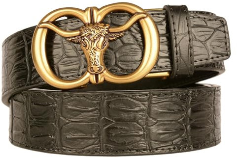 NALANY Herren Gürtel,Leder Ratsche Automatik Guertel Für Männer Kroko-Muster Prägung Ledergürtel Mit Longhorn Stier Automatikschließe-3,5cm Breite(130cm/51, Black)