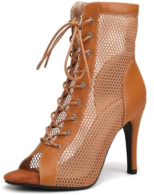 SWDZM Stivali da Ballo Latino Americano Donna con Punta Aperta Maglia Salsa Tango Bachata,Marrone,Tacco 9.5cm,Suola in Gomma,39EU