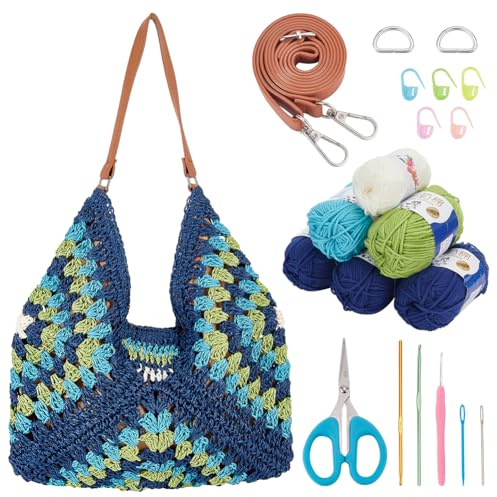 FREEBLOSS Häkelset Für Anfänger, Granny Square Häkel Starter Set, Häkel Einkaufstasche, Häkeltaschen Set Mit Anleitung Für Anfänger, Granny Squares Deckentaschen