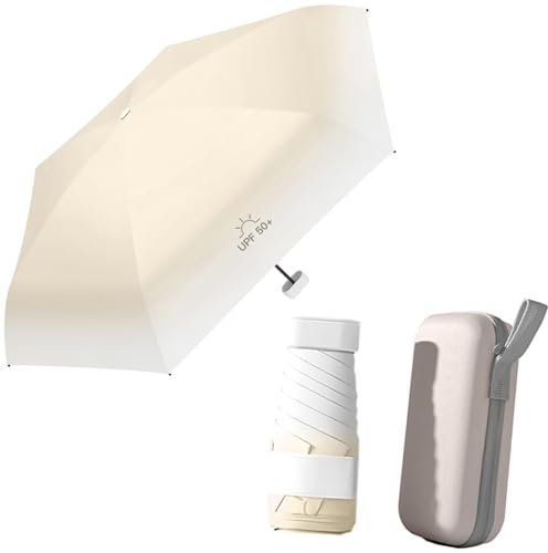 Foeska gradient kleiner Regenschirm, 6-Knochen Taschenschirme, UV-beständiger Minischirm, nur 15cm lang, Leicht Kompakt, winddichter Regenschirm mit Kapselabdeckung, unisex Reise-Regenschirm (beige)