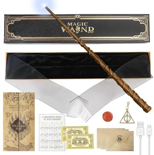 YANGUN Elderstab Zauberstab Glühen, 38 cm Her-Mine-Zauberstab mit Licht, USB Aufladung Zauberstabs Her-Mine in Geschenkbox, Kinder Zauberstabs mit Bahnhofskarten, Spruchkarten, Halsketten, Siegel