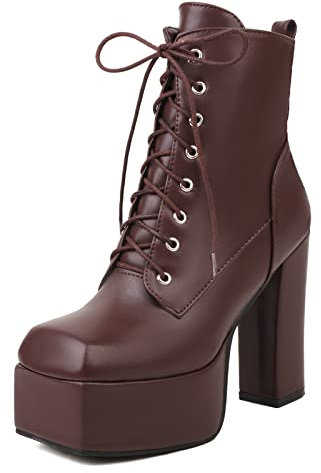 MJIASIAWA Donna Square Toe Moda Cordoncino Plateau Stivali Da Motociclista Estate Inverno Zip Mesh Ankle Stivaletti Military Tacco Alto Marrone Numero 33 EU