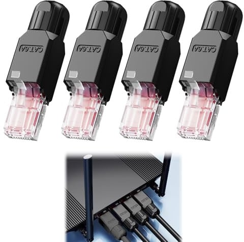 4 PCS Cat 6A Ethernet Connectors Toolless Cat6/6A Tool-Free Cat6 RJ45 Connectors Cat6 Modular Plug Gold Plated Inline Coupler Ethernet Cable Ends High-Speed Transmission for 23-26 AWG Network(Black)