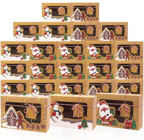 24 Stück Weihnachtskeksschachteln mit PVC-Fenster, Kraftpapier, Geschenkschachteln, Schokoladenschachteln, DIY-Keksschachteln mit Geschenkanhängern für die Feiertage, 3 Styles, 22 x 15 x 7 cm