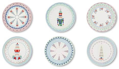 Excelsa Xmas Sweet Pastels Set 6 Piattini da Dessert, Porcellana, Diametro 20,5 Cm., Decoro Natalizio