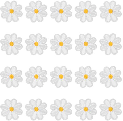 Bojueshaw 20pcs Daisy Flower Patch,Daisy Flower Iron On Patches,Embroidered Applique Delicate,Floral Applique Patches for DIY Decoration,T-Shirt,Shoes(White)