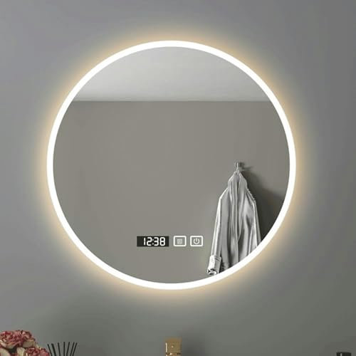 FLTRGO Runder Wandspiegel, intelligenter Badezimmerspiegel mit LED-Licht, Antibeschlag-Induktions-Touchscreen, Wandspiegel, stufenlose Dimmung, wasserdichter Kosmetikspiegel~/