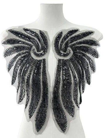 1 Paar Große Flügel Applikationen Nähen,Pailletten Applikation,Ausschnitt Dekoration,Flicken Mesh Applikation Patches zum Aufnähen,für Hochzeitskleid,Pullover,Kleidung Handwerk Zubehör,Schwarz