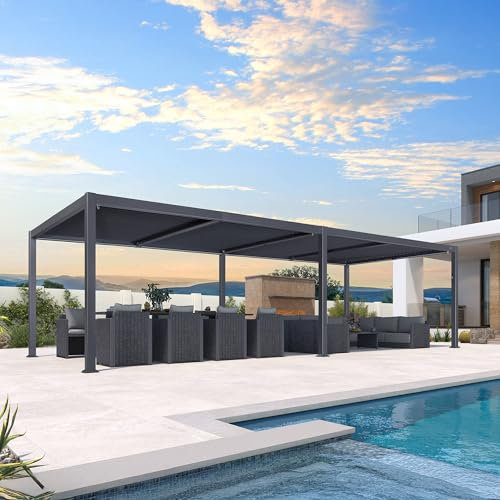 PURPLE LEAF Pergola 3.5 x 8.3 m mit Lamellendach Terrassenüberdachung Wasserdicht Stabil Winterfest Verstellbaren Alu-Lamellendach Freistehend Pavillon mit LED-Lichtleiste für Partei, Grau