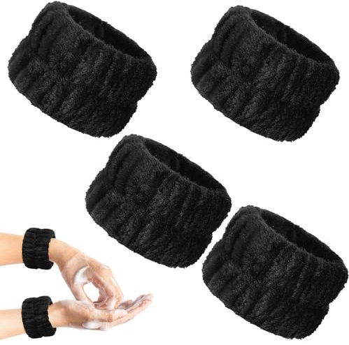 Abeillo 4 Stück Handgelenk Spa Waschband Mikrofaser Gesichtswasch Armbänder Korallen Saugfähiges Armband zum Waschen, Handgelenktücher für Waschen Gesicht und Dusche(Schwarz)